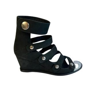 OPENING CEREMONY Black Leather Strappy Snap Button Wedge Sandal Size 7.5 /38